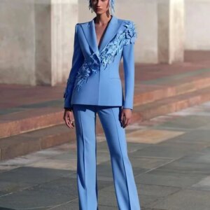 Elegant Women Pants Suits Set 2 Pieces Blazer+Straight Trousers 3D Flower Appliqued Prom Dress Office Lady Jacket Tailored