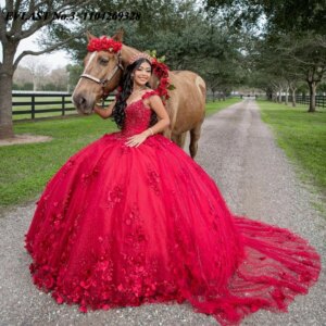 EVLAST Customized Princess Red Quinceanera Dress Ball Gown Floral Applique Beading Corset Sweet 16 Vestidos De 15 Anos E3Q714