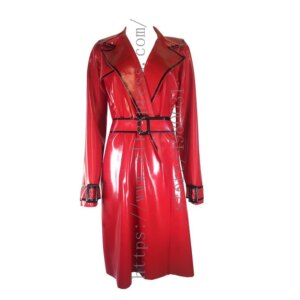 Shiny & loose style red long latex coat women’s latex windbreaker with black trims decorations