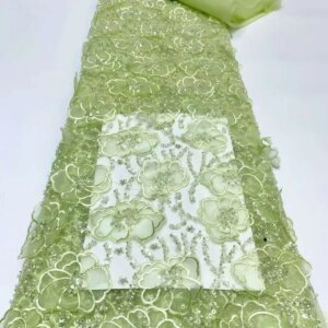 African 3D Flower Lace Fabric 5 Yards 2024 High Quality Sequins Embroidered French Nigerian Beads Lace Fabric For Wedding
