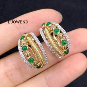 LUOWEND 100% 18K White+Yellow Gold Earrings Romantic Style Luxury Diamond Natural Emerald Earrings for Women Wedding Jewelry