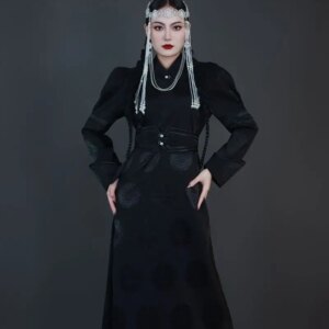 Ethnic Style Dress Women’s Thin Mongolian Robe Long-Sleeved Stand-up Collar Cinched Handmade Buttonhole Loop Bottoming Shirt