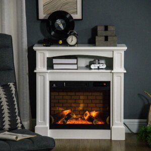 31.75″ W x 31″ H Electric Fireplace Mantel TV Stand, Media Console Center Cabinet with a Shelf, White