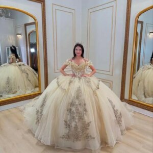 Customized Shiny champagne color Ball Gown Quinceanera Dress BIG Bow beads applique beads Lace Tull vestidos de 15 quinceañera