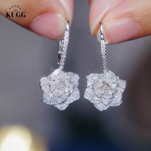 KUGG 18K White Gold Earrings Luxury Flower Design 0.80carat Real Natural Diamond Hoop Earrings for Women High Wedding Jewelry