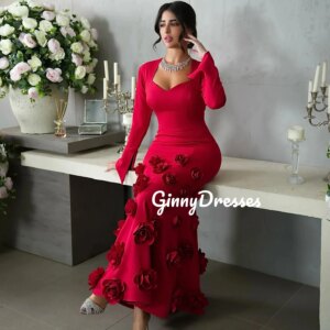 Customized Evening Dress Woman Square Neckline Mermaid Prom Dresses Floor-Length Flowers Zipper Up Long Sleeves Lining Wedding P
