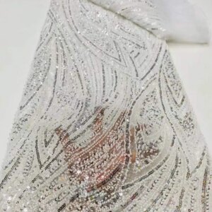 White African Beaded Lace Fabric 2025 Fashion Nigerian Sequin Groom Lace French Tulle Fabric For Wedding Party Dress Sewn 5Yards