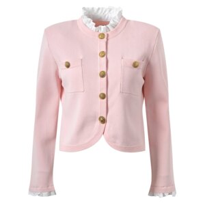 2024 Spring Delicacy Frills Patchwork Collar Long Sleeve Lady Knits Solid Women Single-breasted Sweater Cardigan