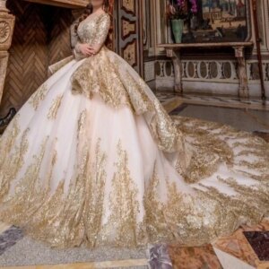Customized Champagne Gold Long Sleeve Party Dress Women V Neck Ball Gown Sweep Train Vestido De xv Anos Quinceanera Dress 15 16