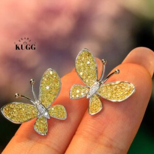KUGG 100% 18K White Gold Earrings Luxury Butterfly Shape Real Natural Yellow Diamond Stud Earrings for Women Wedding Jewelry