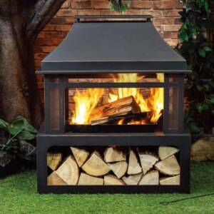 Outdoor Wood Burning Fireplace with Wood Storage and Removable Fire Grill – 40 Inch Large Metal Wicker Base Fire Pit for Patio