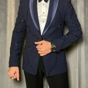 Navy Blue Sequined Crystal Men Suits Two Pieces Man Blazer(Jacket+Pants)