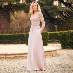 Elegant Mother Of Bride Dresses Blush Satin Lace Applique Evening Gown Illusion V-neck Formal vestidos de fiesta para bodas SN01
