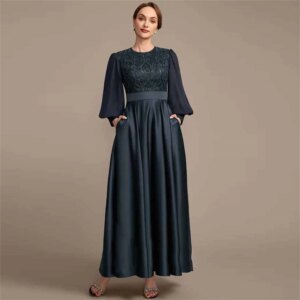 Customized sexy high quality elegant Transparent Sleeve dark-colored Satin Lace printing Crew high-waist Mother Evening Dress