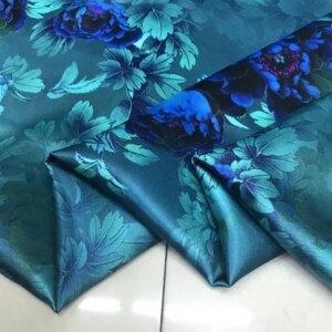 High Quality 40momme Silk Thickened Inkjet Printing Royal Blue Peony Satin Cheongsam Formal Dress Fabric