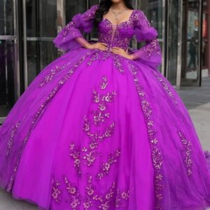 Customized Shiny Purple Long sleeves Quinceanera Dress sequin applique crystal Tull Lace vestidos de 15 Quinceanera 