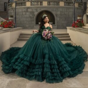 Blackish Green Customized Sparkly Quinceanera Dresses Ball Gown Birthday Party Beading Tull Tiered Vestido De 15 Años Sweet 16