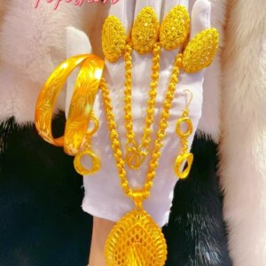 Popodion  New 24K Gold Plated Dubai Jewelry Necklace Ring Bracelet Women’s Earrings Jewelry Set Eight Piece Set YY10374