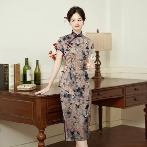Daily Dark plus Size Young Mother Girl Flower Temperament Republic of China Elegant Graceful Cheongsam
