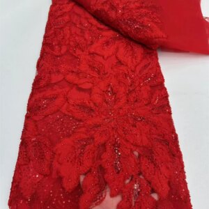 Nigerian Lace Fabric 2025 High Quality Red Beaded African Lace Fabric With Sequins Embroidered Dubai Wedding Party Dress A937-1