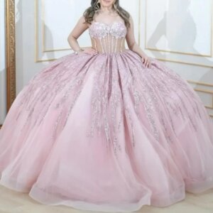 Pink Shiny Quinceanera Dresses Off Shoulder Ball Gown Sweet 16 Dress Beads Sequin Appliques Lace Tull Corset Birthday Party Vest