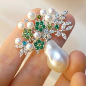 Natural Fresh Water  Broque Pearl Brooch For Women Fine Jewelry 925Sterling Silver With Cubic Zirconia Female Gift Elegant