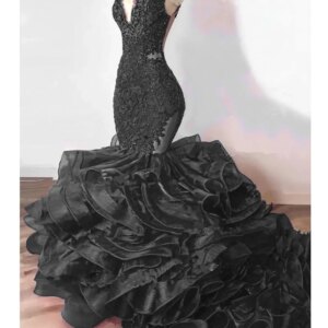 Luxury Royal Blue Lace Beaded Mermaid Evening Dresses Puffy Bottom Ruffles Long Prom Gowns Sexy Party Vestido Formatura