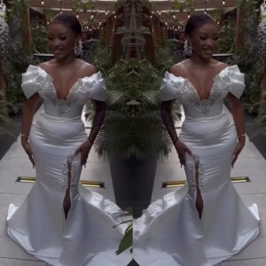 Elegant Mermaid Wedding Dresses Off The Shoulder Short Sleeves Long Side Slit Sexy Appliques Crystal Beaded Bridal Dress