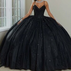 Black Shiny Quinceanera Dresses Ball Gown Spaghetti Strap Sequined Beads Crystal Appliques Lace Tull Vestidos De 15 Anos Sweet