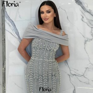 Sparkly Grey Off Shoulder Party Dress Heavy Beads Fashion Stage Sheath Gowns Women Wedding Guest Dress Cocktail Gowns Customized