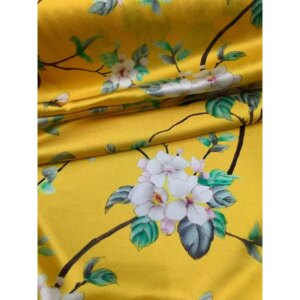 Stretch Silk Satin Yellow Bottom Cloth Flower Pattern Printing Inkjet Fabric