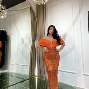 Off Shoulder Orange Mermaid Formal Occasion Dress Beaded Sequin Long Evening Dresses Maxi Prom Party Gown Woman Engagement Robe