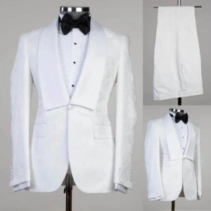 White Floral Jacquard Men’s Tuxedos 2 Pcs Custom Made Shawl Lapel Wedding Groom Suits Formal Wear Prom Party Show Pants Suits