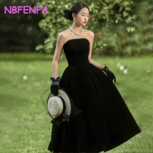 Strapless Black Korea Midi Evening Dresses Customised Wedding Photo Shoot Backless Prom Gown Birthday Special Occasion Dress