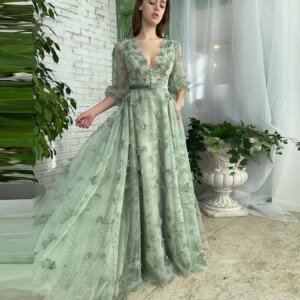 V-neck Prom Dress Green Tulle Dress Long Evening Dresses Applique Butterfly Long Dress Half Sleeve Women’s Dress Plus Size