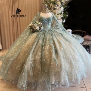 Light Green Spaghetti Lace Apppliques Quinceanera Dresses With Cape Ball Gown Sweet Sixteen Dress Wedding Gowns Customized