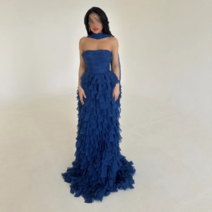 Saudi Arabia Evening Dresses Royal Blue Prom Dresses Strapless Layers Pleats Tulle with Wrap Party Gowns Zipper Back
