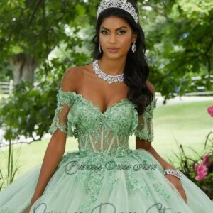 Glitter Green Ball Gown Princess Quinceanera Dress Sweetheart Sequins Applique Beaded Sweet 16 Gown Vestidos De 15 Años