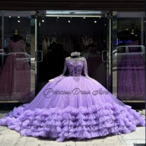 Mexico Tulle Lace Applique Quinceanera Dresses Ball Gown With Sleeve Beaded Customized Sweet 16 Dress Corset Vestidos De Anos