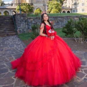 EVLAST Customized Red Quinceanera Dress Ball Gown Shiny Applique Beading Tiered Mexico Corset Sweet 16 Vestido De 15 Anos QD1159