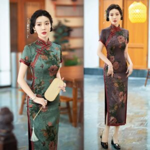 Old Shanghai Retro Chinese Style Imitation Flower Long Short Sleeve Robe Qi Pao Spring and Summer New Middle-Aged Mom Cheongsam