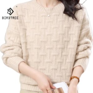 BirdTree, 100% Cashmere Elegant Sweater, Knitted Round Neck Fashionable Casual Loose Sweater, Autumn and Winter New T48925KS