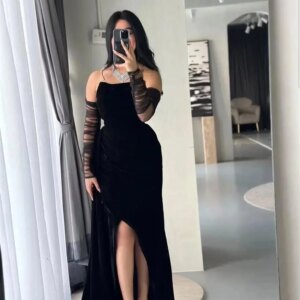 Customized  Elegant Graceful Black Velvet Evening Dress Classic Strapless Detachable Sleeve Long Sleeves Bespoke Occasi