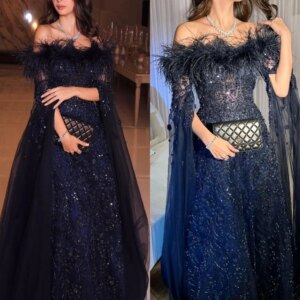 Customized Tulle Sequined Beading Feather Ruched Beach A-line Off-the-shoulder Bespoke Occasion Gown Long Dresses