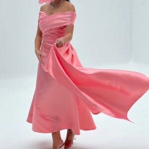 Customized  Jersey A-Line Off the Shoulder Evening Dress Strapless Short Sleeves Ankle Length Panel Train Solid Color G