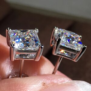 Real Solid 10K White Gold 2 Carat Stud Earrings Women Wedding Anniversary Engagement 1 Carat Square Princess Moissanite Diamond