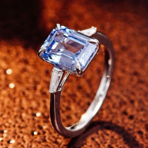 Provence trilogy Wedding Ring Blue Lab Gemstone 10K Solid Gold DEF/VS Lab Diamonds Side Stone Engagement ring for women Custom