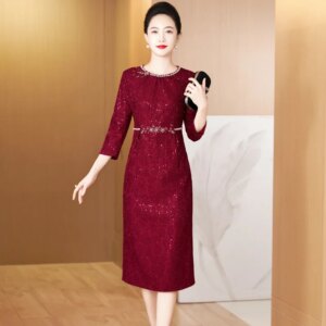 Burgundy Lace Mother Of The Bride Dresses Modest A-Line Tea-Length Lace Women Evening Gowns