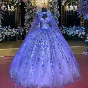 Lilac 3D Flowers Ball Gown Quinceanera Dresses With Cape Sparkly Crystal Sequined Sweet 15 Años Mexican Customized