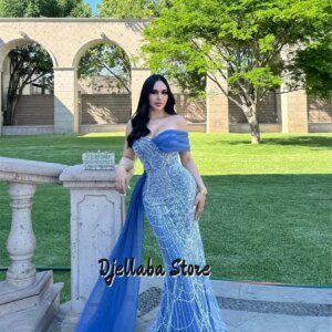 Customized Blue Beaded Lace Evening Dress 2025 One Shoulder Wedding Party Dress Dubai Arabian Prom Gown Vestidos De Noche